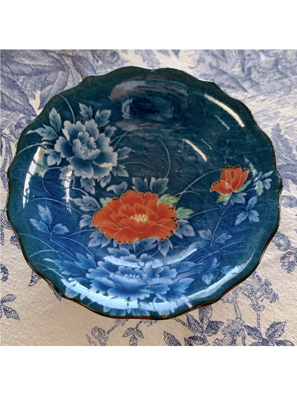 Vintage Japanese Arita Juzan Gama Namsu Porcelain Red White Blue Peony Dish Bowl
